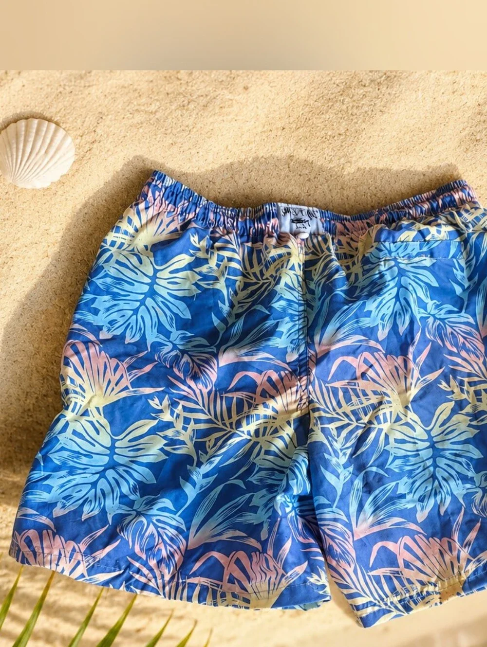Men's Blue Tropical Leaf Swim Trunks with Drawstring